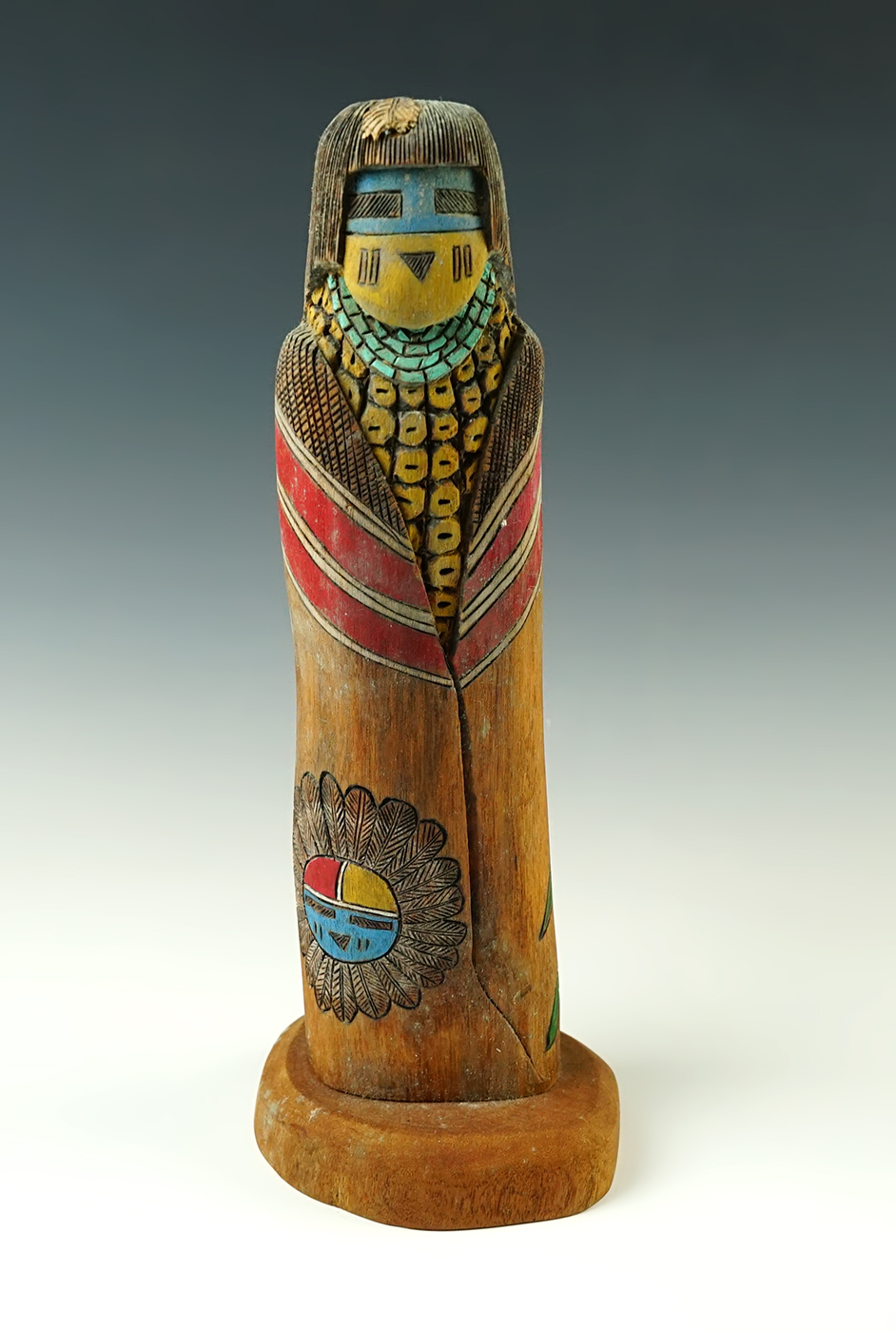Large Vintage 11 3/8" tall carved wood Yellow corn Maiden Kachina. Signed by Barry Gasper.