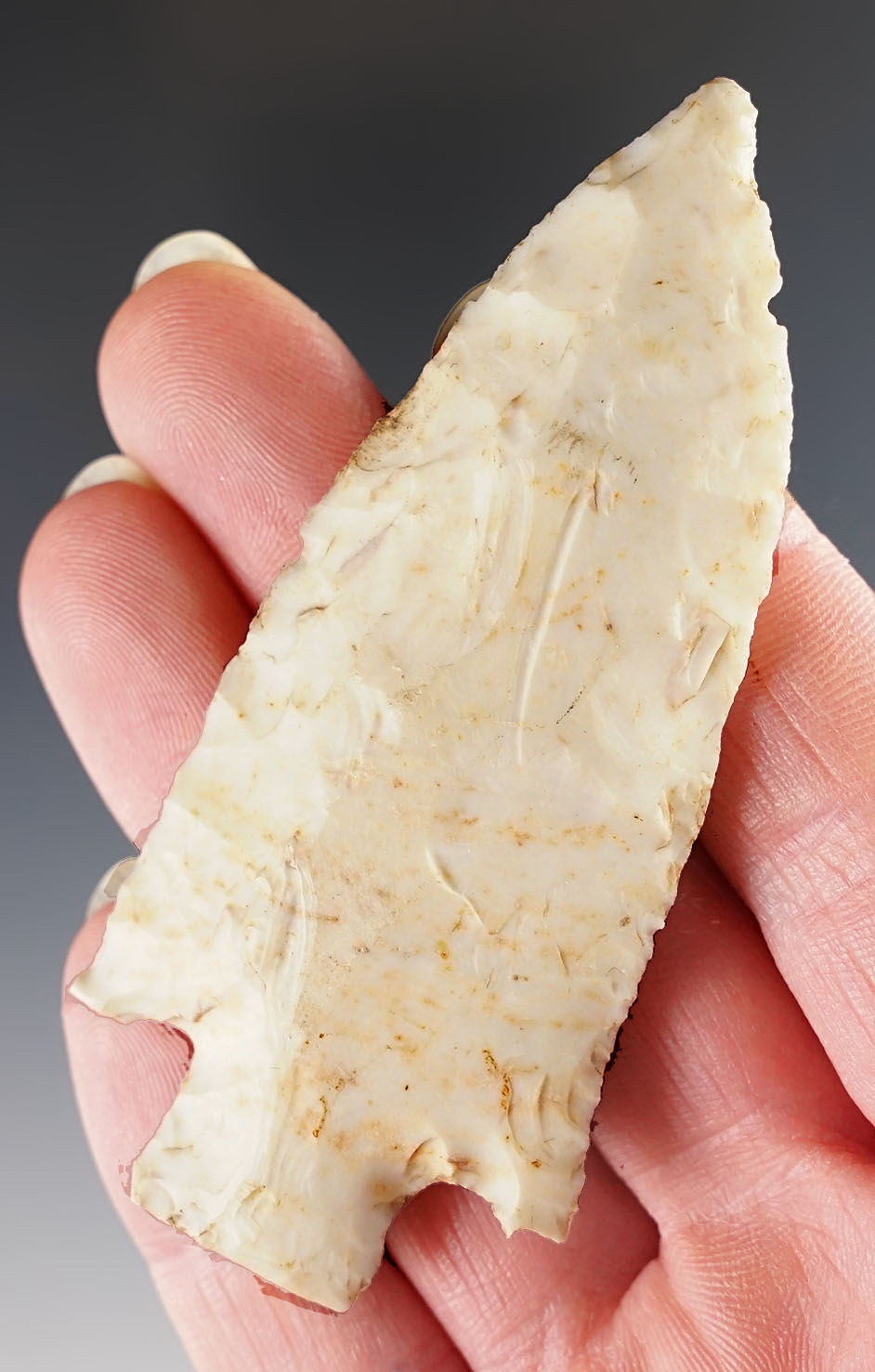 3 3/16" Etley knife made from Burlington Chert. Found in St. Lewis Co., Missouri.