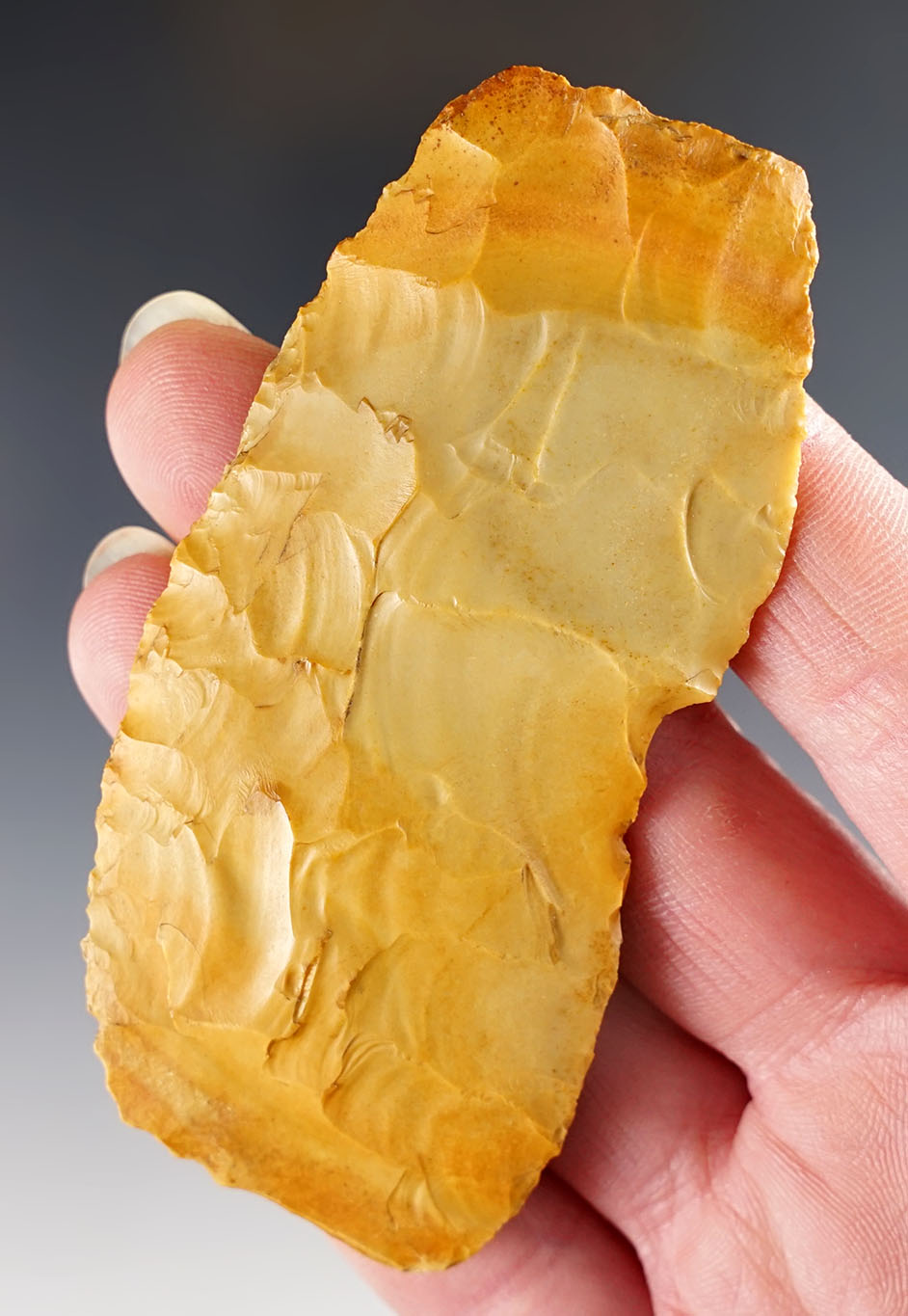 3 3/8" Paleo Knife made from well patinated flint. Found in Saginaw, Michigan. 