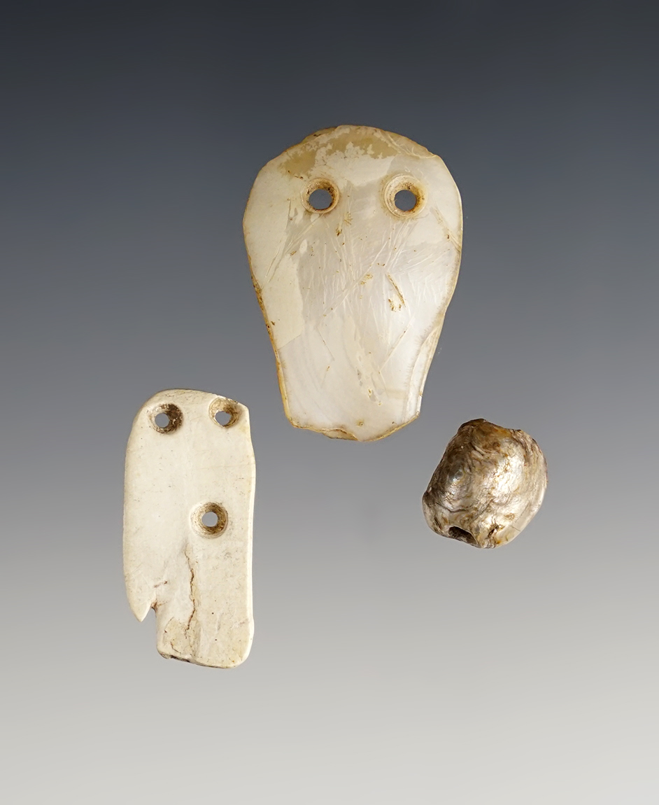 Set of 3 nice drilled Shell Ornaments, largest is 1 1/4". Found at the Fox Field Site in Kentucky. 