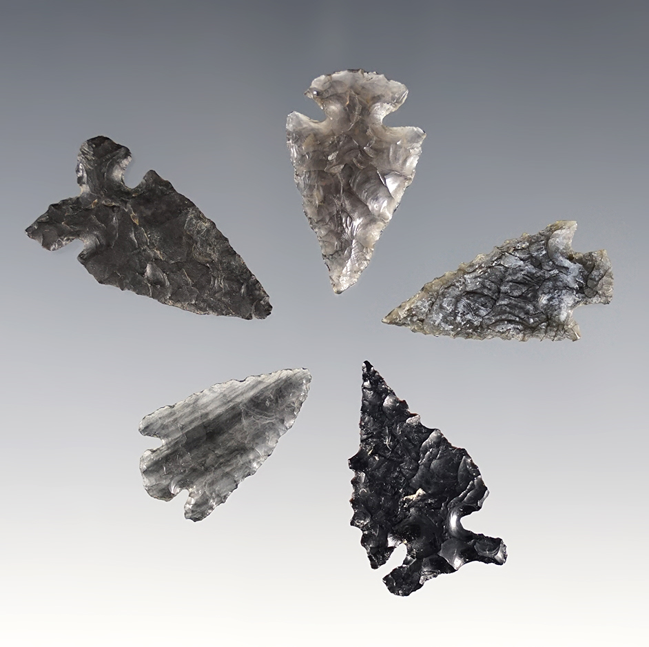 Nice set of 5 assorted arrowheads made from Obsidian. Found in Oregon. Largest is 1 1/16".