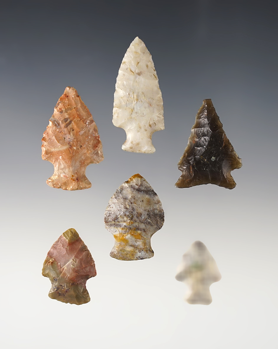 Set of 6 assorted Indiana Arrowheads, largest is 1 9/16". 