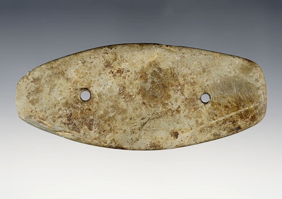 4 3/4" Hopewell Gorget found in Ohio that is heavily patinated. Ex. Shaun Place. 