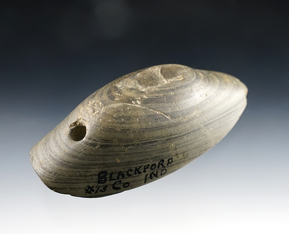 3 1/8" Humped Gorget made from green and black Banded Slate. Found in Blackford Co., IN.