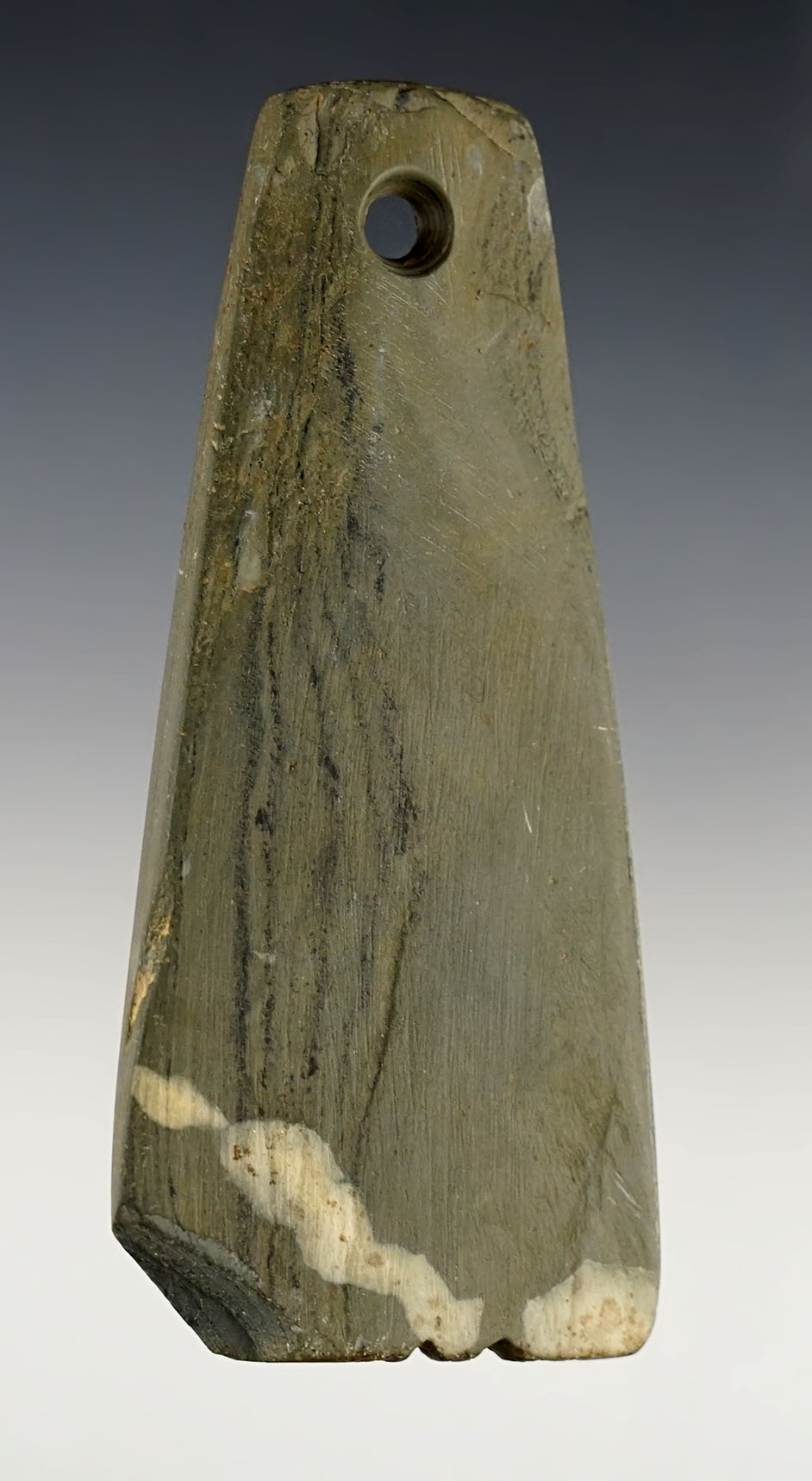 4" Fringed Trapezoidal Pendant found in Ohio. Made from green Banded Glacial Slate. 