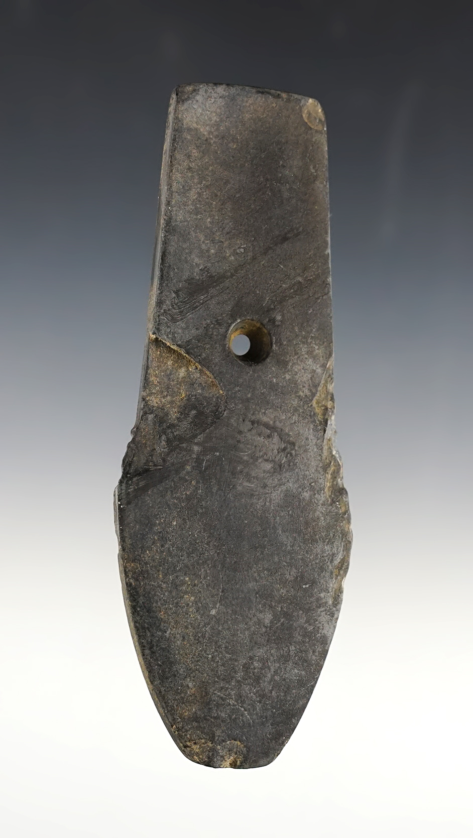 5" black Banded Slate Shovel Pendant with some field damage. Found in Scioto Co., Ohio. 
