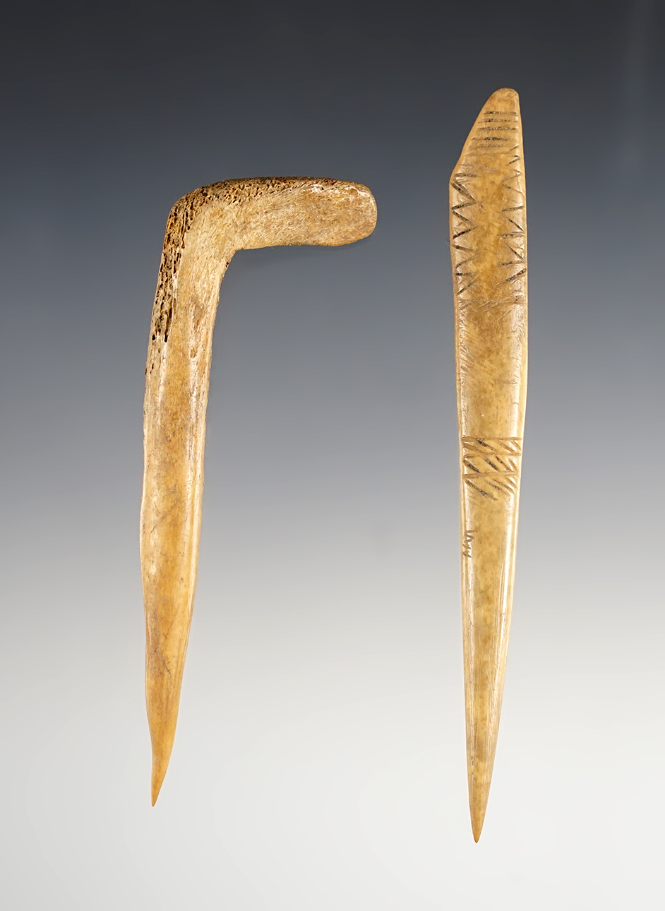 Nice pair of Bone Awls. The largest measures 4 3/16" and has a nice incised design. 