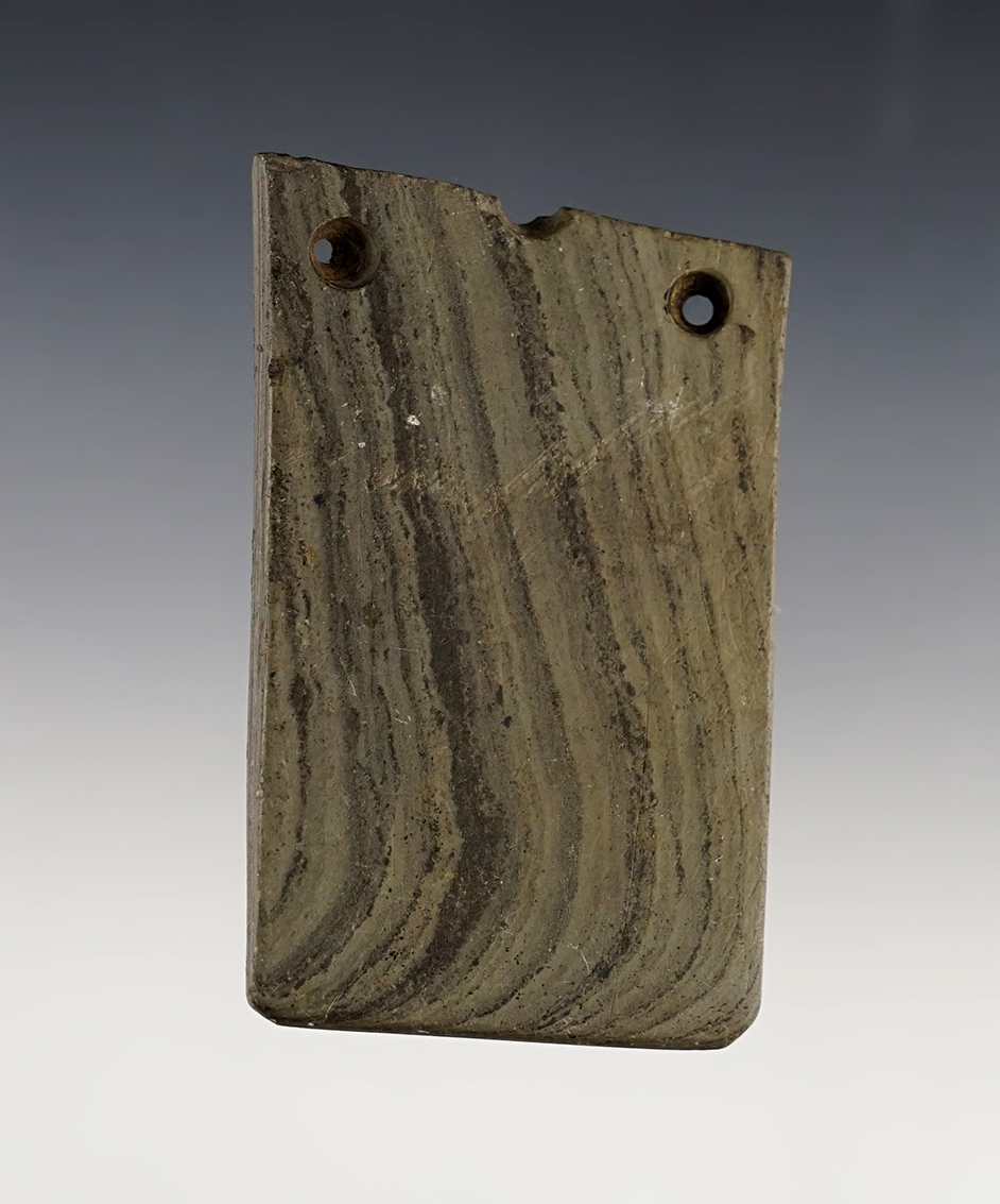 3" Salvaged Rectangular Gorget made from green and black Banded Slate. DeKalb Co., Indiana 