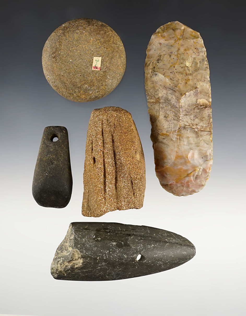 Group of assorted Ohio artifacts including a colorful 4 3/8" Flint Celt, Sandstone Awl Sharpener‚Ä¶