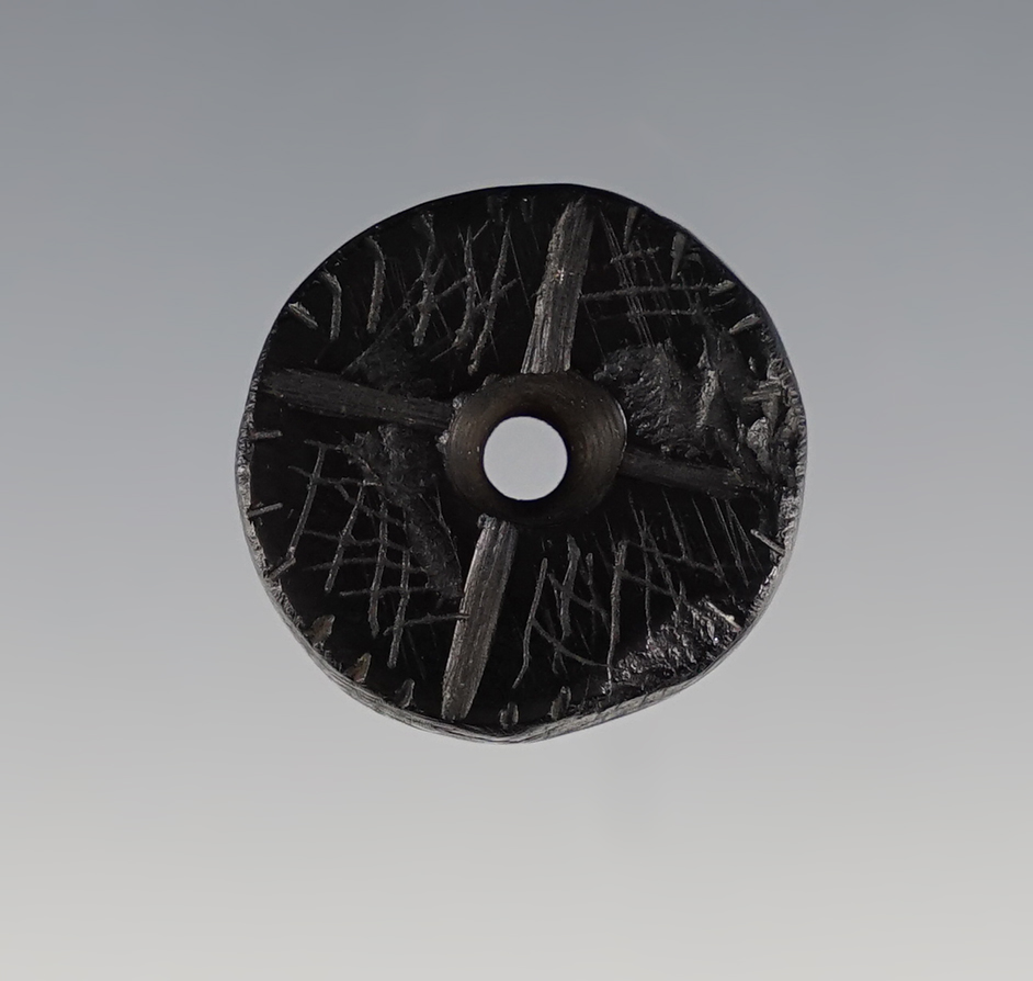 7/8" drilled and highly engraved Cannel Coal Bead. Found at the Fox Field Site in Mason Co., KY.