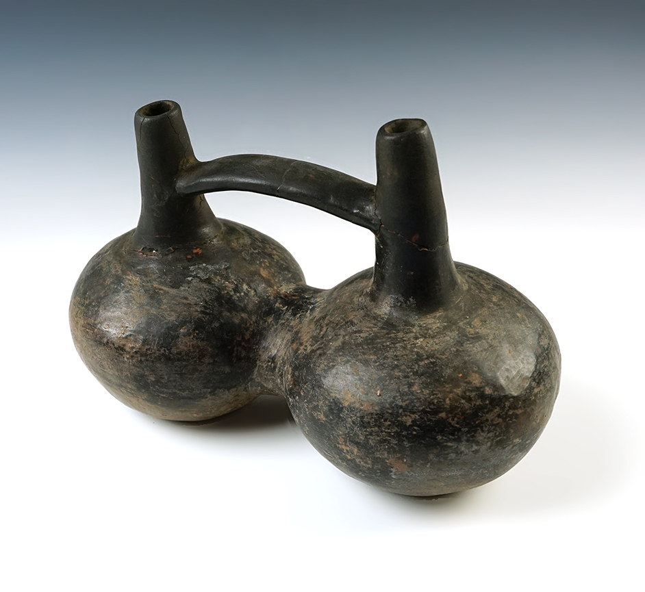 9" wide by 6 1/4" tall Vicus Culture Precolumbian Dual Spout Strap Handled Bottle.