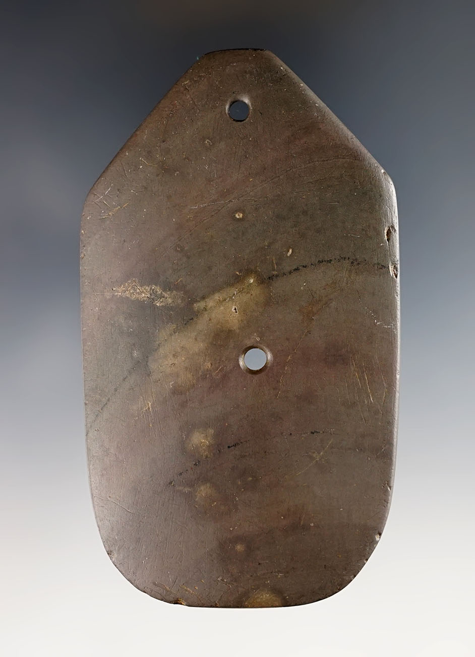 3 3/4" Glacial Kame Gorget made from Banded Slate. Found in Lucas Co., Ohio. Pictured!