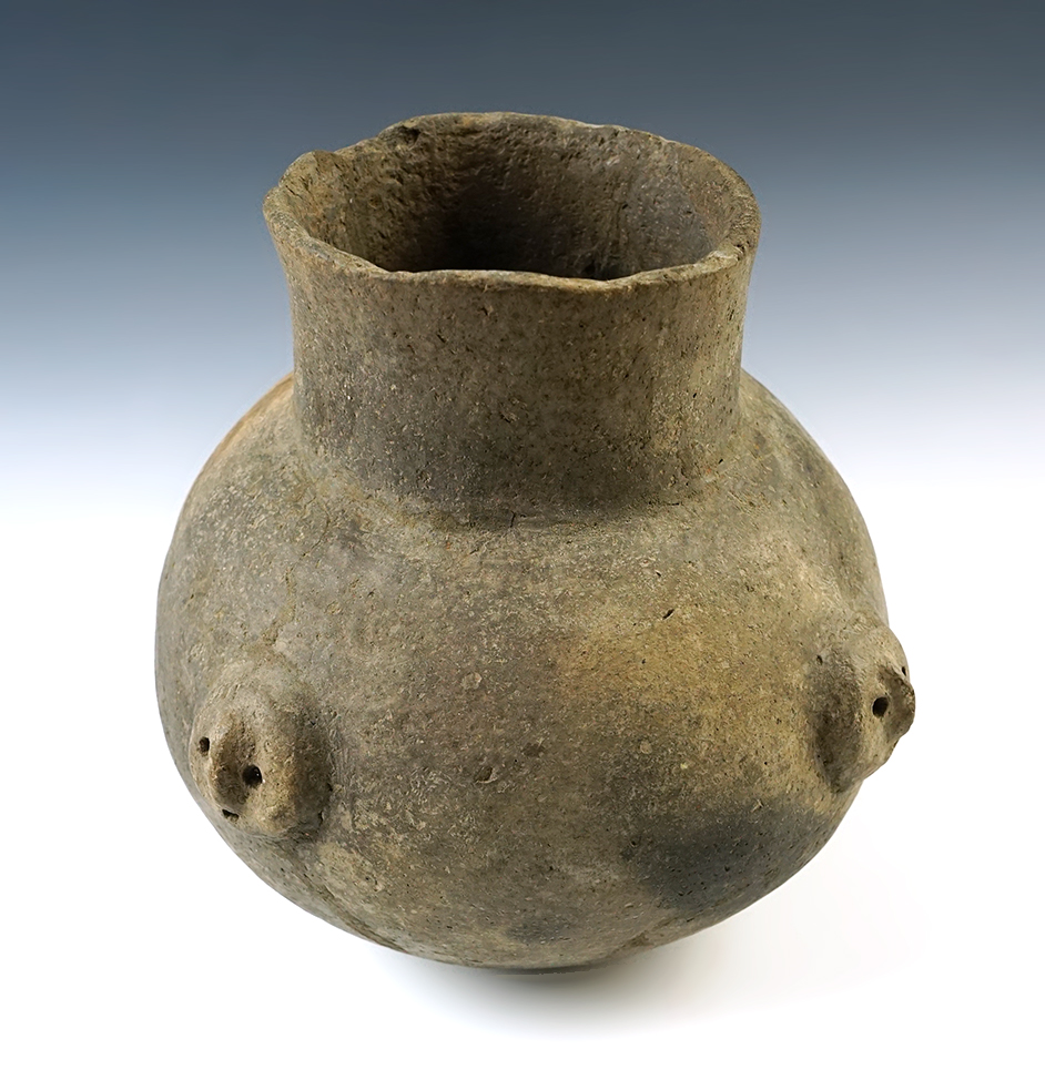 7" tall by 6 1/2" wide Mississippian Short Neck Bottle with four face medallion appliques.  