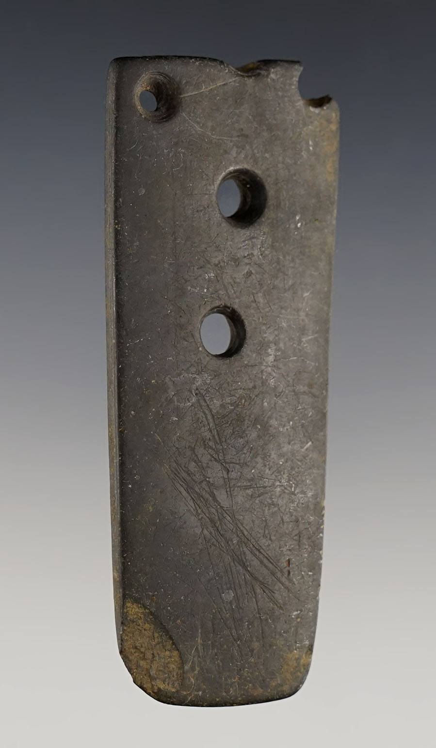 Anciently salvaged 3 1/4" Gorget found in Pickaway Co., Ohio. Made from Banded Slate. 