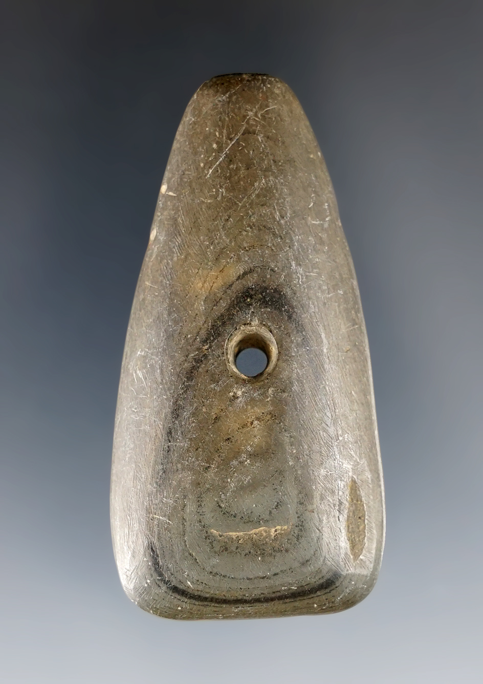 Miniature 2 3/8" Mississippian Ohio Pendant made from green and black Banded Slate. Ex. Dick Murray