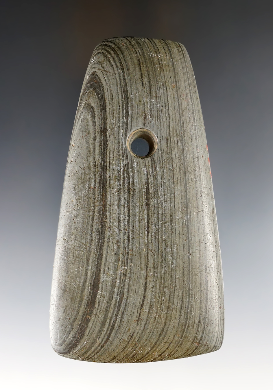 4 7/16" Adena Trapezoidal Pendant - Seneca Co., Ohio. Pictured in The Archaeology of the Ohio Valley