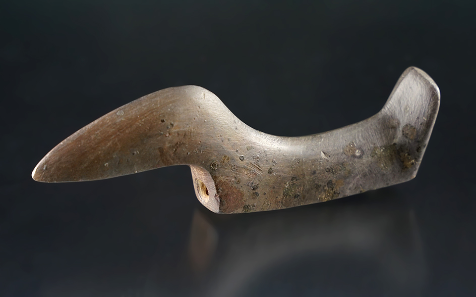 4 1/2" Glacial Kame Birdstone made from black and brown Slate. Found in Wood Co., Ohio. Ex. Dilley.