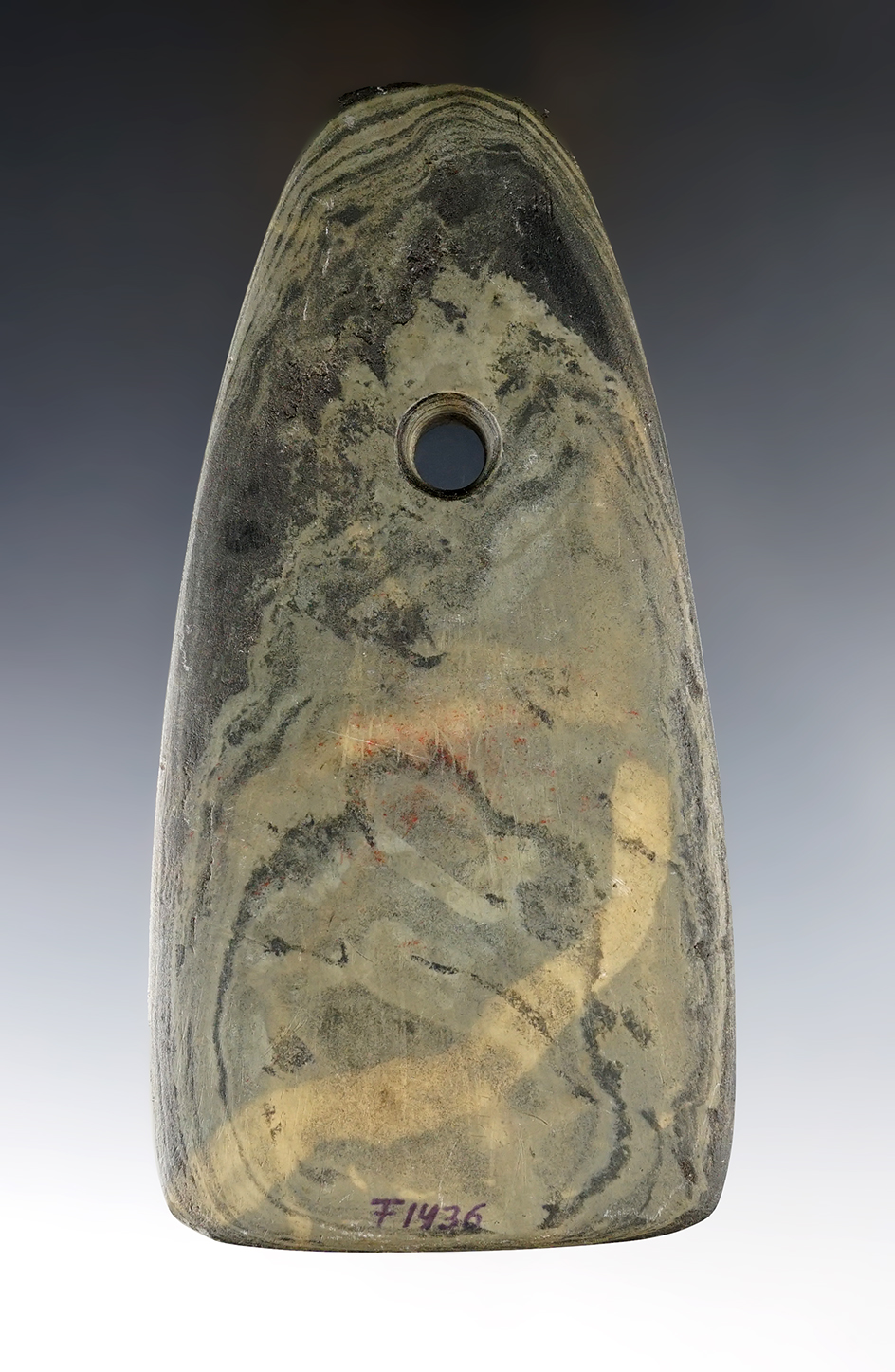 Large 5 1/4" Adena Trapezoidal Pendant made from green and black Mottled Slate.Franklin Co., Ohio.