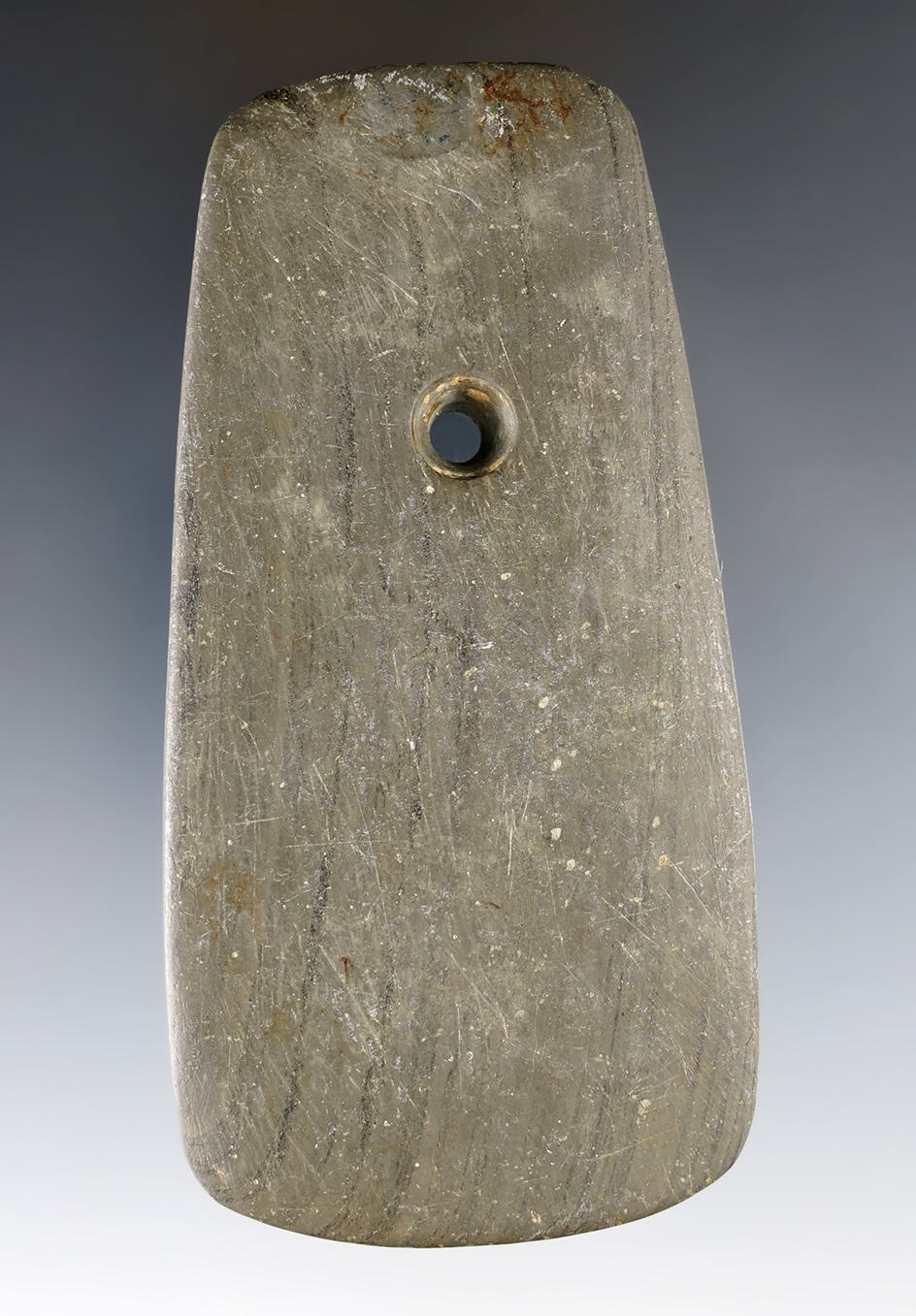 4 1/8" Adena Trapezoidal Pendant made from green and black Banded Slate. Hancock Co., Ohio. 