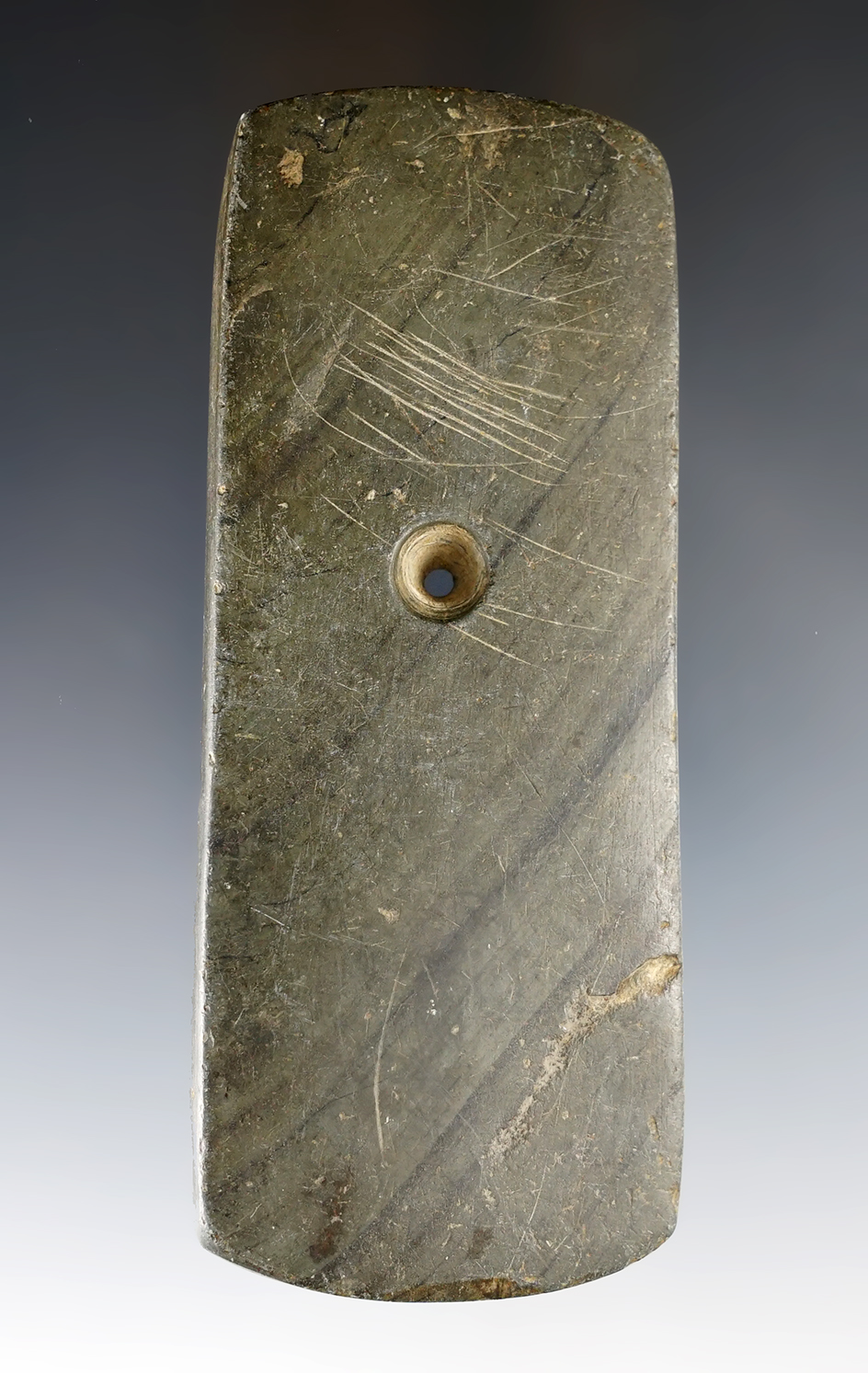 4 11/16" Adena Rectangular Pendant made from green and black Banded Slate. Found prior to 1940