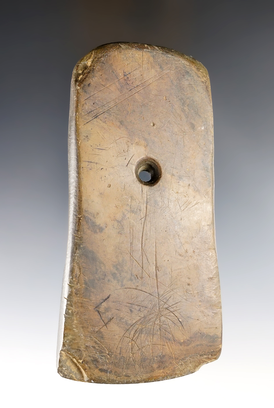 4 9/16" Adena Keyhole Pendant made from Mottled Slate. Found in Dearborn Co., Indiana. 