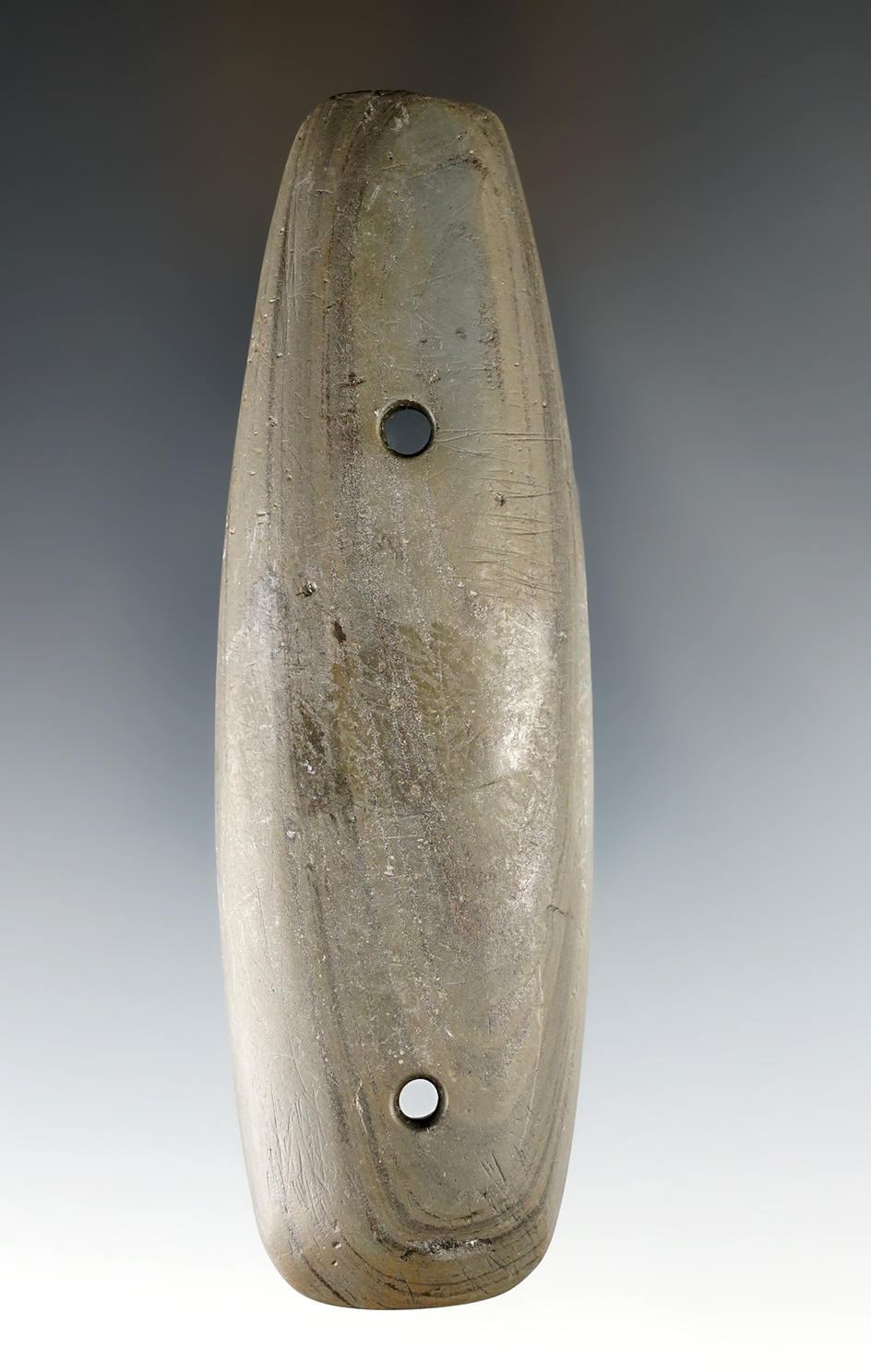 4 1/2" Glacial Kame Gorget found in Wayne Co., Ohio. Pictured in "Who's Who", #2, page 83. 