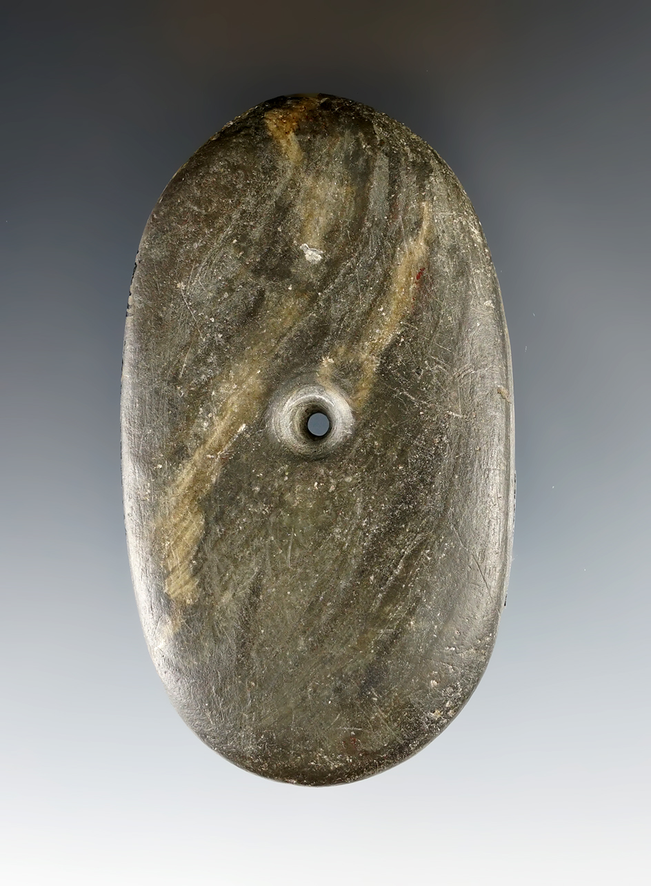 3 1/4" Adena Oval Pendant found in Noble Co., Indiana. Pictured in "Who's Who", #2, page 83.