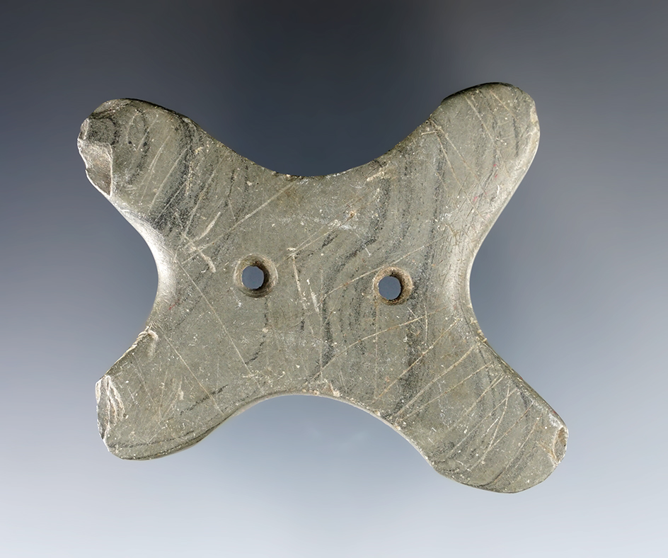 2 1/2" Hopewell Reel Gorget found in Brown Co., Indiana. Pictured in "Ohio Archaeologist", Volume 57