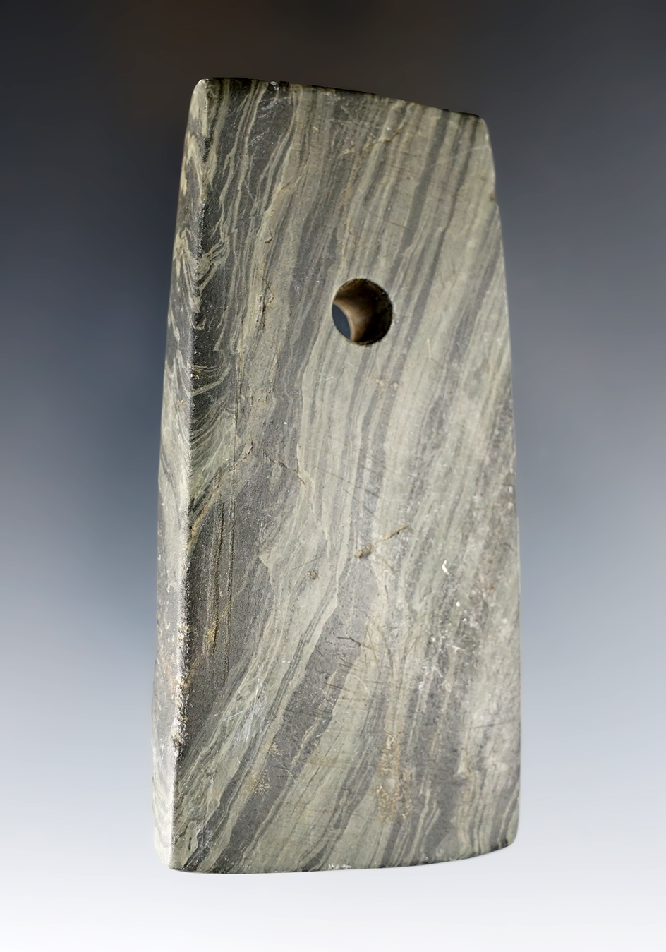 Beautiful material on this 3 1/2" Adena Trapezoidal Pendant - Faulted Slate. Found in Wood Co., Ohio. 