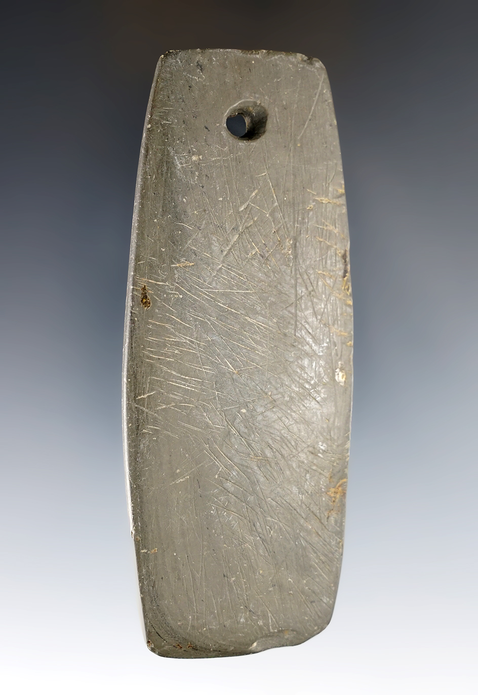 3 7/8" Hopewell Trapezoidal Pendant made from green and black Slate. Found in Indiana. 