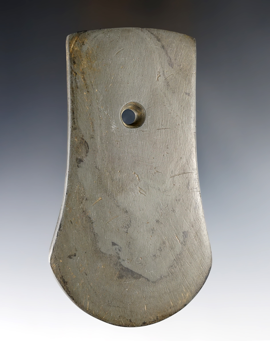 4 1/4" Adena Keyhole Pendant made from green and black Mottled Slate. Found in Richland Co., Ohio. 