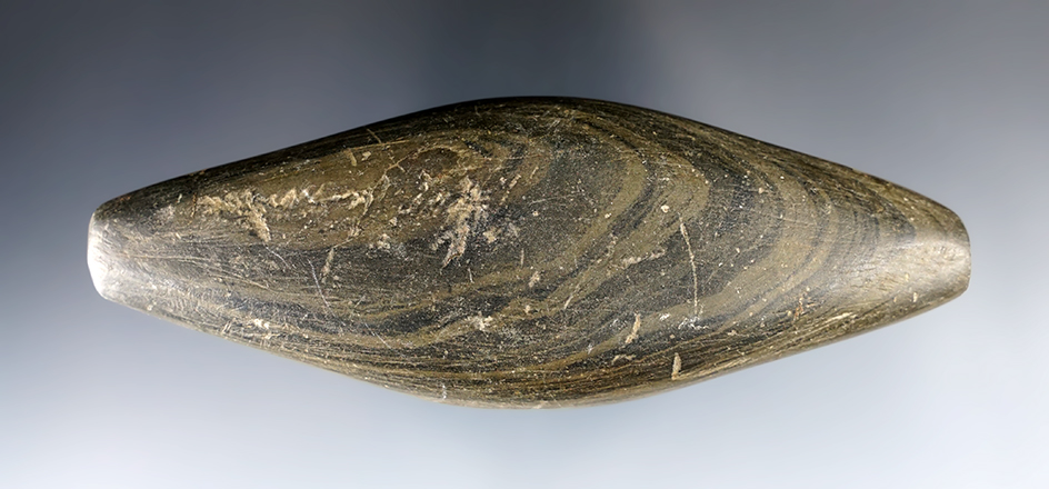 4 3/4" Undrilled Adena Expanded Center Gorget made from Banded Slate. Ex. Harold Benroth.