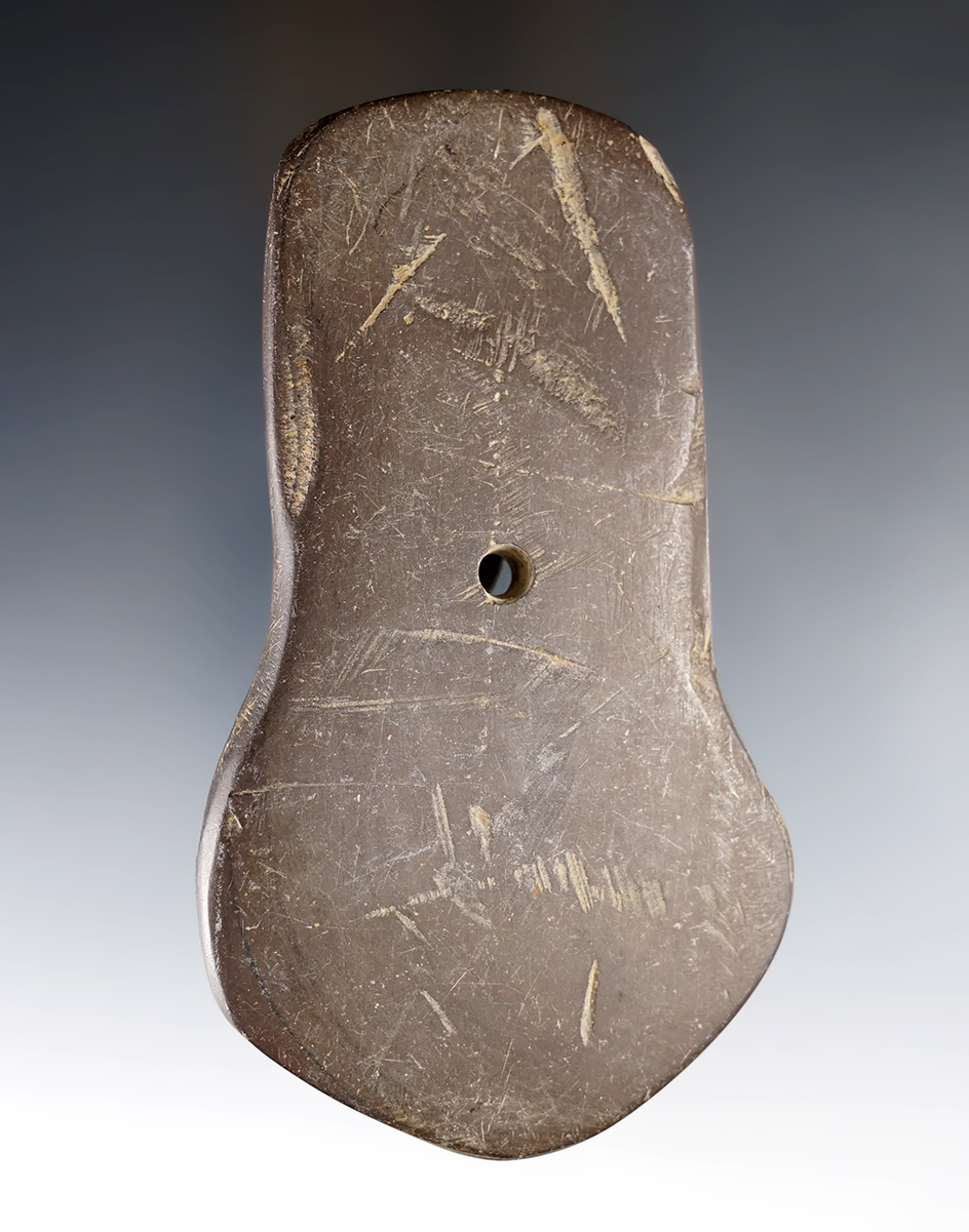 4 5/8" Hopewell Pendant made from brown Slate. Found in Marion Co., Ohio. Ex. Jack Hooks (#41)