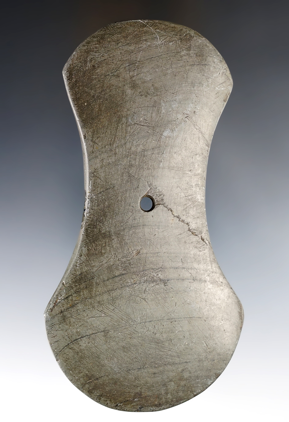 5 1/16" Adena Bi-Concave Pendant made from gray and black Banded Slate. Summit Co., Ohio. 