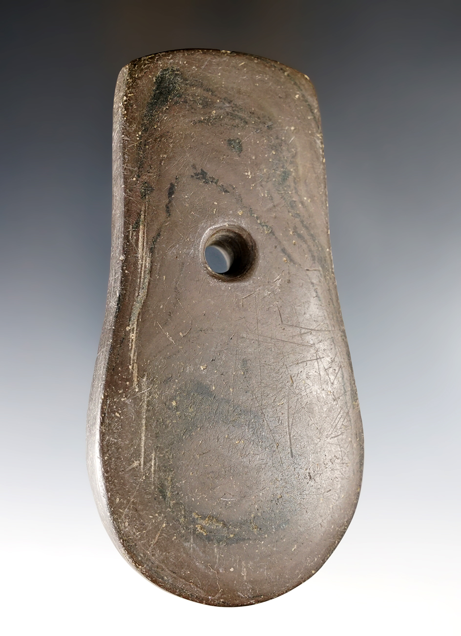 4 9/16" Adena Keyhole Pendant made from red and black Banded Slate. Ex. Elmer Grimm Collection. 