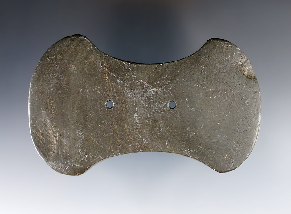 3 5/8" Adena Bi-Concave Gorget found in Champaign Co., Ohio. Ex. Errit Lewis, Bob Converse.