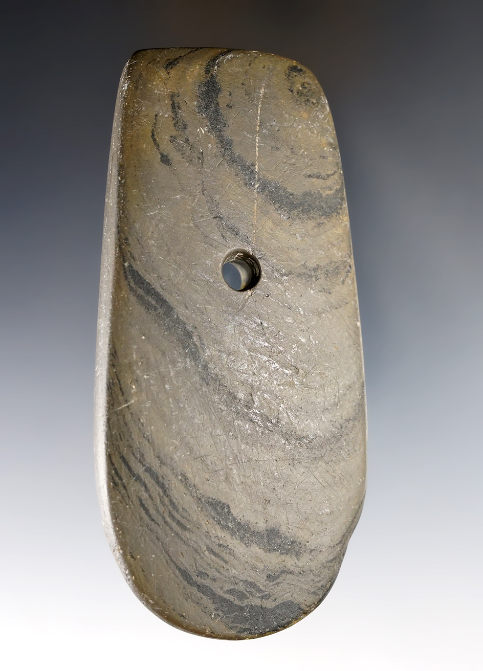4 1/4" Adena Keyhole Pendant made from Banded Slate. Found in Portage Co., Ohio. Ex. Mike Thursby