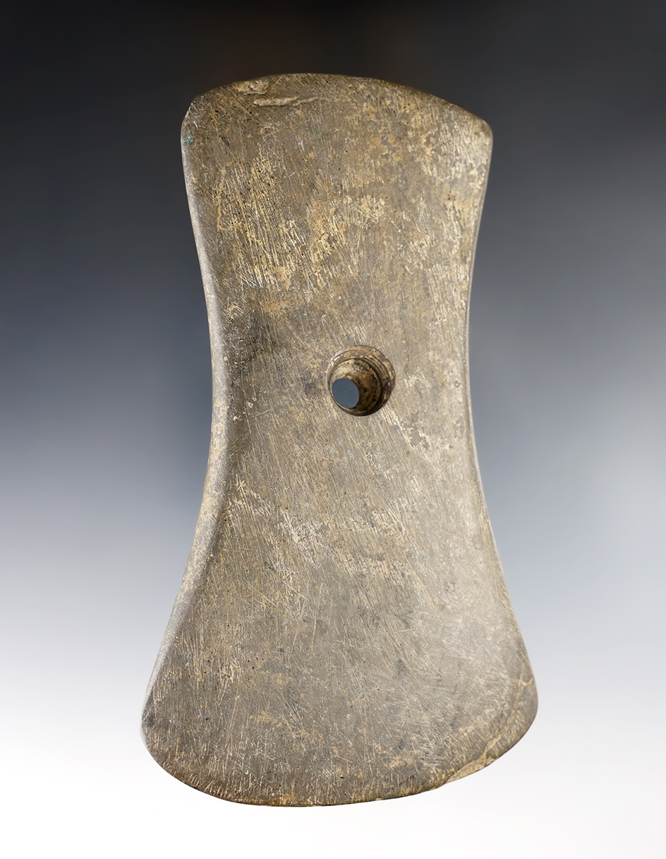 5 1/16" Adena Keyhole Pendant made from Slate. Found near Lodi, Harrisville Twp., Medina Co., Ohio.