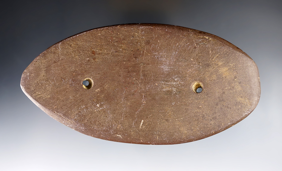 5 1/2" Glacial Kame Elliptical Gorget made from red Slate. Found in Knox Co., Ohio. Ex. Townsend.