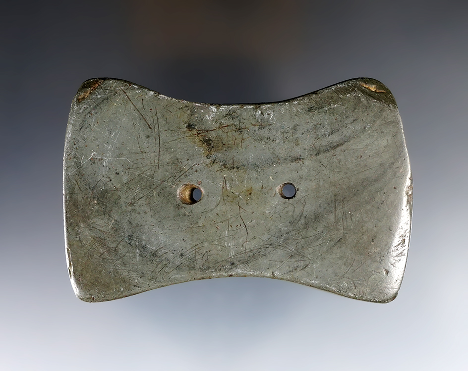 3 1/4" Adena Bi-Concave Gorget made from Banded Slate. Found in Darke Co., Ohio. Ex. Terry Elleman.