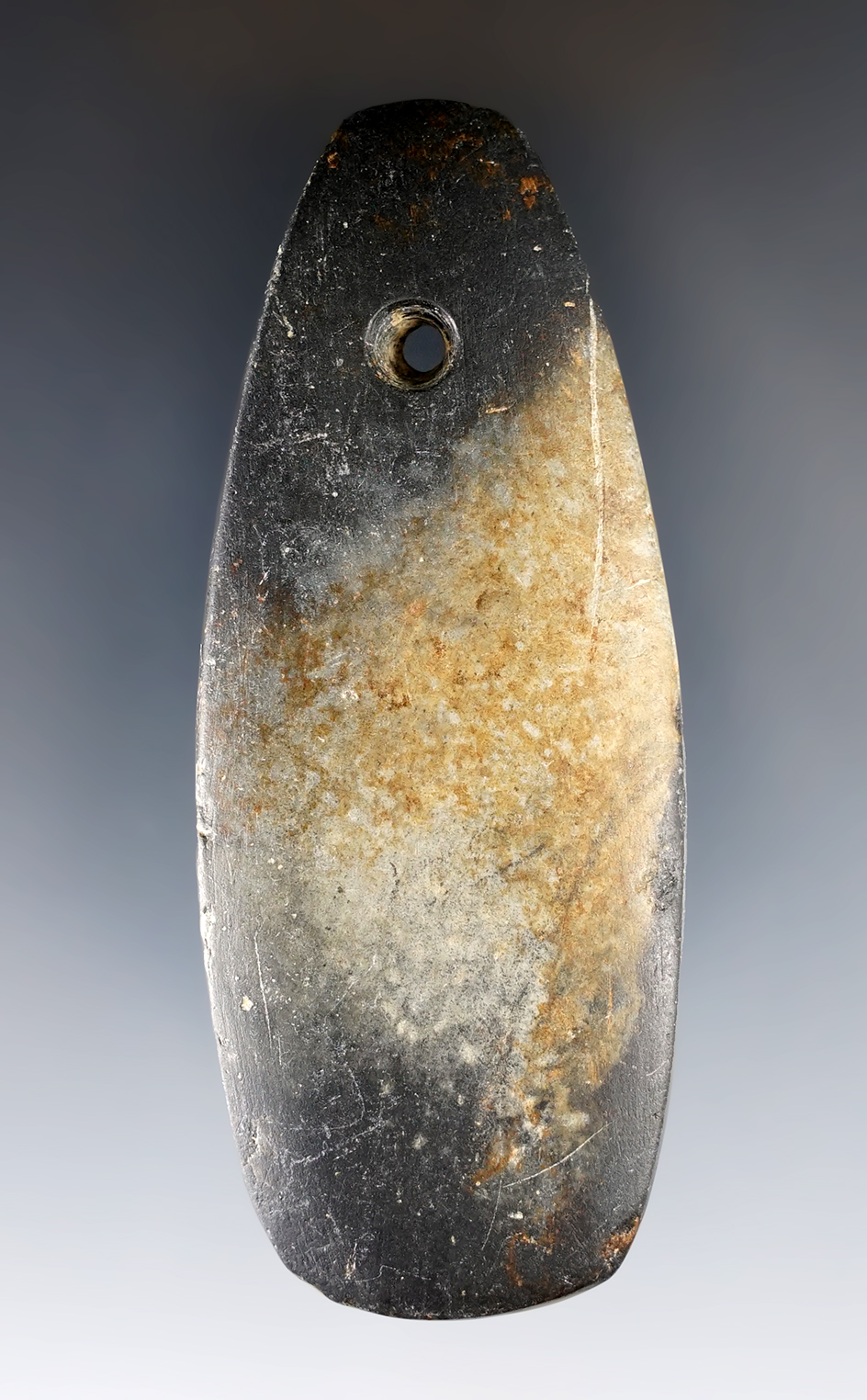 3 3/8" Hopewell Trapezoidal Pendant found in Knox Co., Ohio. Pictured in "Ohio Slate Types", page 82!