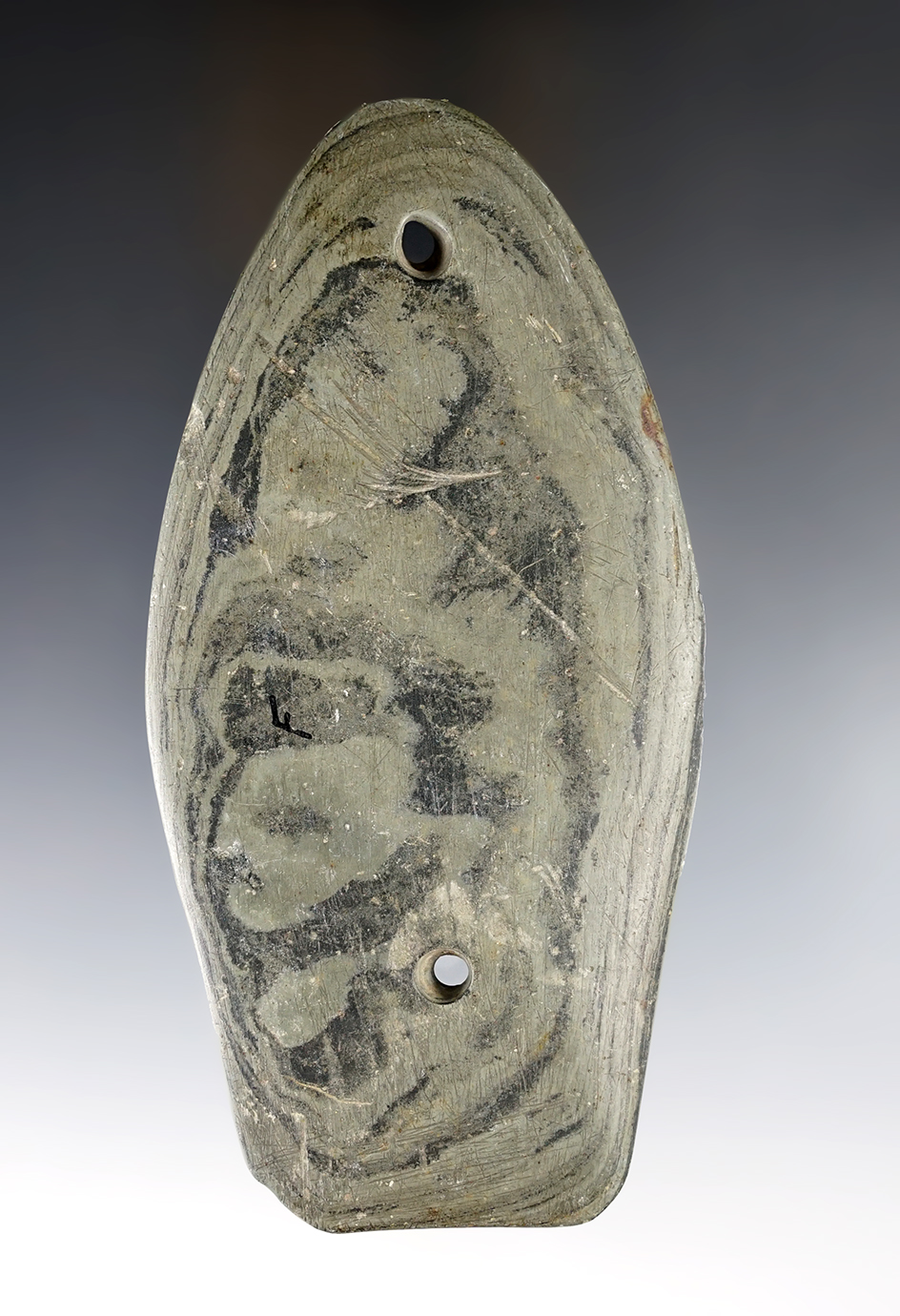 5 1/16" Glacial Kame Sandal Sole Gorget found in or near Fountain City, Wayne Co., Indiana. 