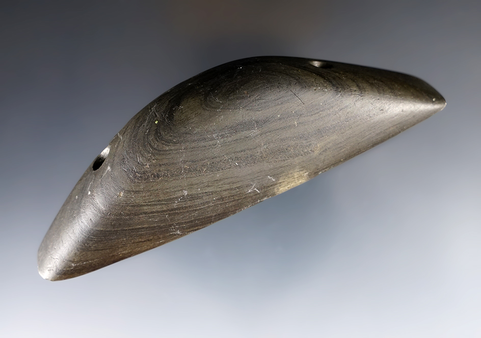 Nicely scooped 4 7/16" Woodland Boatstone found in Franklin Co., Ohio. Ex. Eugene Hirzel (#7) .