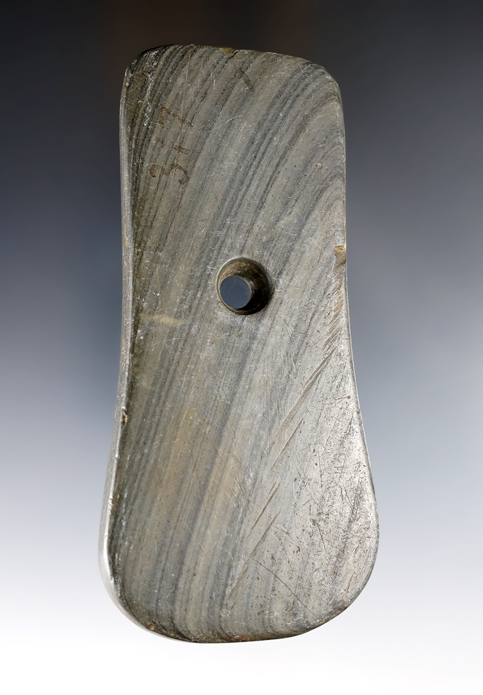 4 1/2" Adena Keyhole Pendant made from green and black Banded Slate. Found in Wood Co., Ohio. 