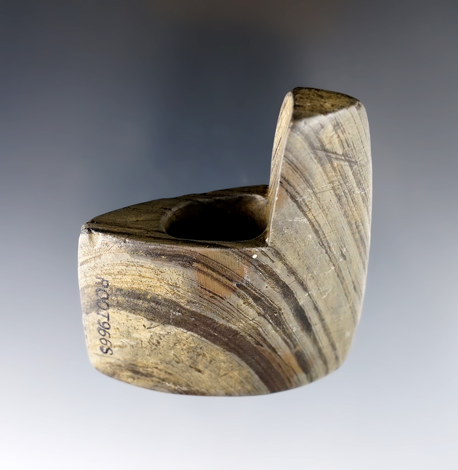 2 9/16" Archaic Geniculate made from green and black Banded Slate. Found in Michigan. Pictured!