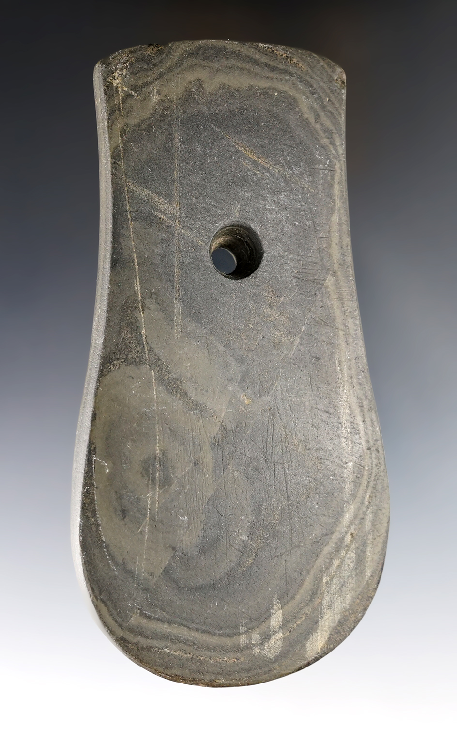 4 11/16" Adena Keyhole Pendant made from green and black Slate.  Miami Co., Ohio.Davis COA. 