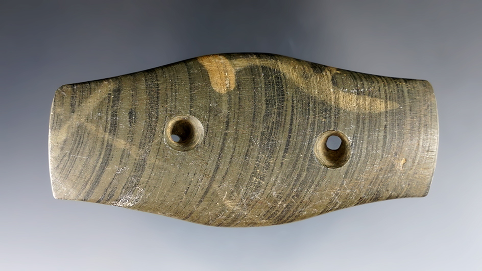 3 7/16" Hopewell Expanded Center Gorget found in Jackson Co., Michigan. Ex. Mike Thursby Collection. 