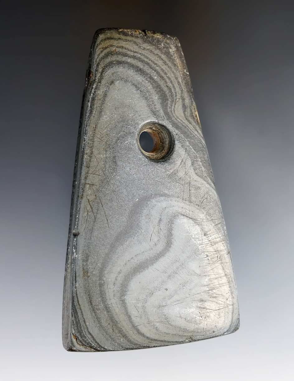 3 7/8" Adena Trapezoidal Pendant with one notch to the top. Found in Allen Co., Indiana. 