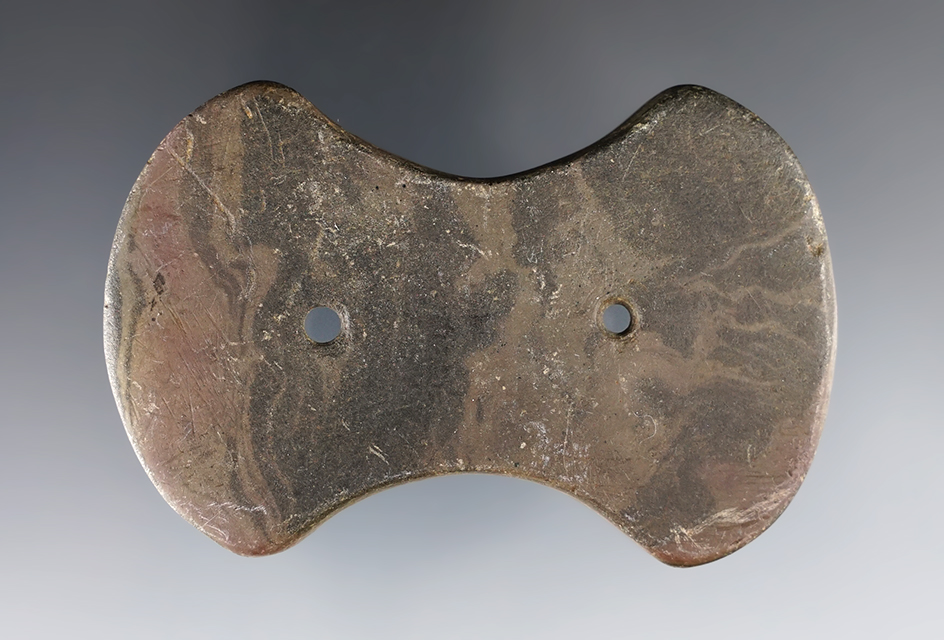 3 1/4" Adena Bi-Concave Gorget made from Mottled Slate. Found in Butler Co., Ohio.