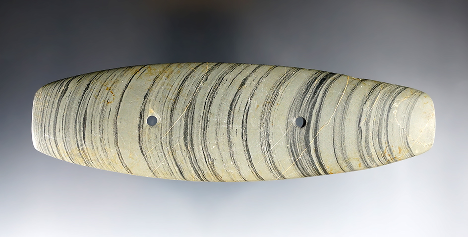 5 3/4" Glacial Kame Rectangular Gorget found in Monroe Co., Michigan. Pictured in "Who's Who" #2